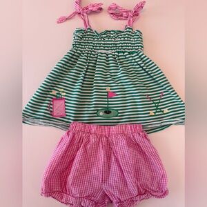 Classic Whimsy Girls Green Striped Golf Top with Pink Gingham Shorts